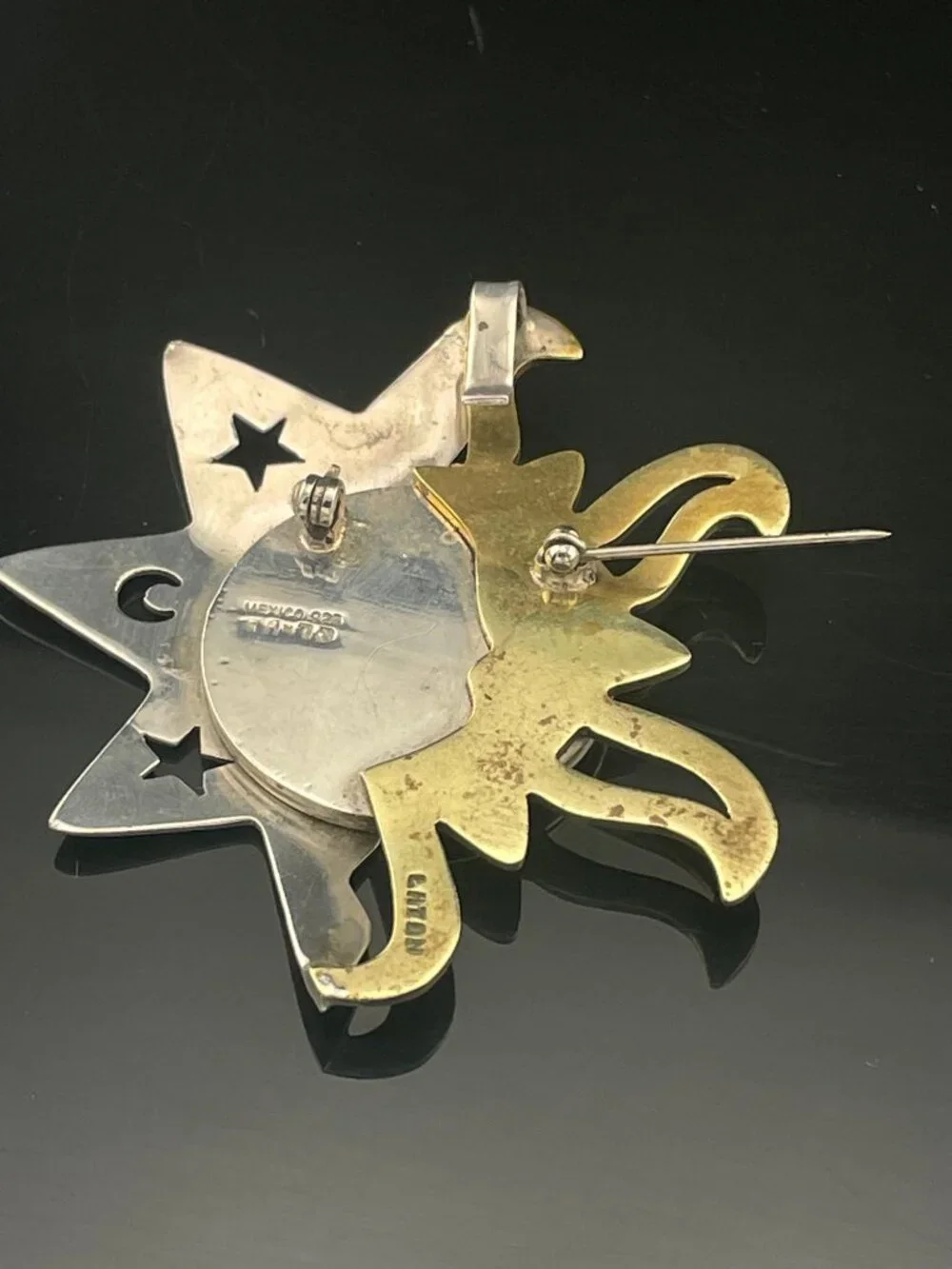 Vintage Mexico 925 Sterling Silver & Brass Celestial Sun Moon Brooch Pin Artisan
